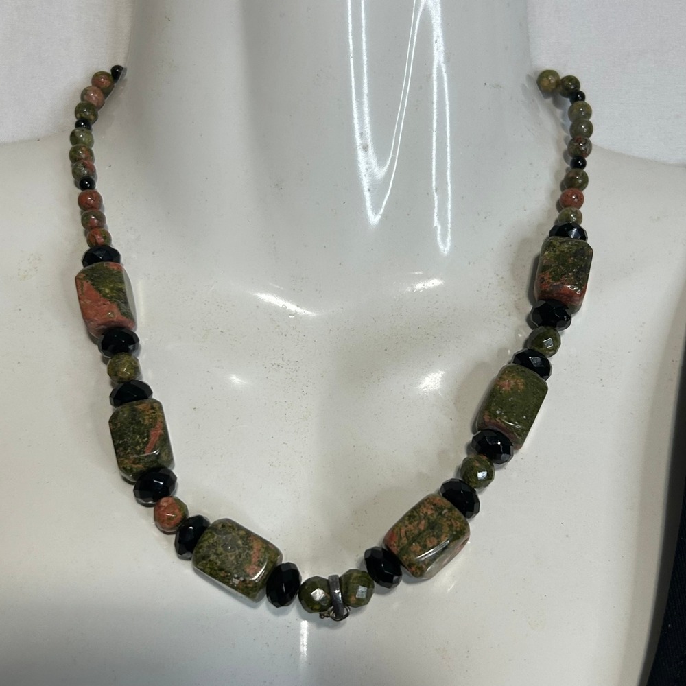 Unakite‎ Gemstone Beaded Necklace with Black Accents, Boho Jewelry